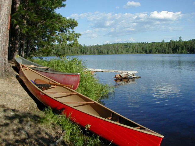 Canoes on the shore of a lake